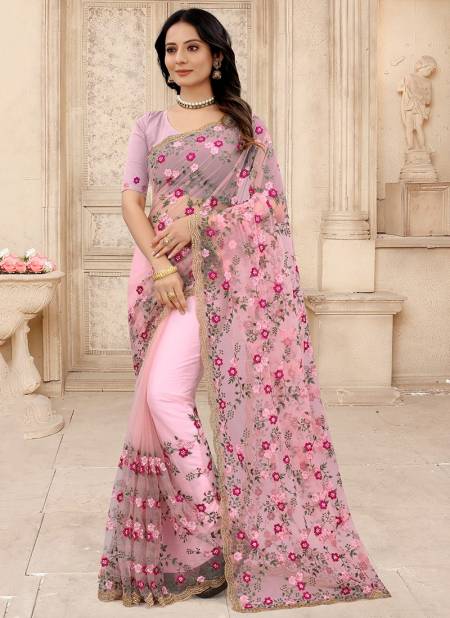Pink SENSATIONAL New Fancy Party Wear Heavy Net Embroidered Saree Collection 1247